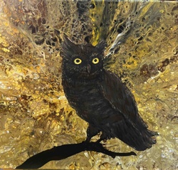 Owl on Branch Acrylic Pour Painting