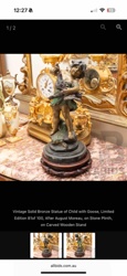 Vintage Solid Bronze Statue of Child with Goose, Limited Edition 81 of 100, After August Moreau, on Stone Plinth, on Carved Wooden Stand