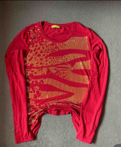 Red Long-Sleeve T-Shirt with Gold Studded Animal Print