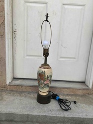 Vintage Asian Hand-Painted Ceramic Table Lamp with Metal Base