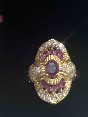 Vintage 14k Yellow Gold Ruby and Diamond Cluster Cocktail Ring