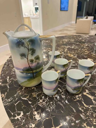 Porcelain Hand-Painted Chocolate Pot Set with Six Demitasse Cups