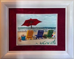 Beach Scene Painting with Colorful Chairs and Umbrella