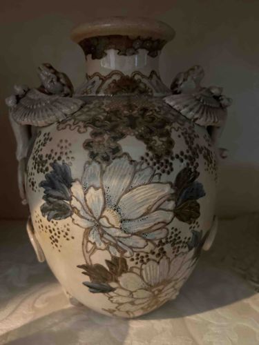 Antiquarian Ceramic Vase with Frog Embellishments and Floral Decoration