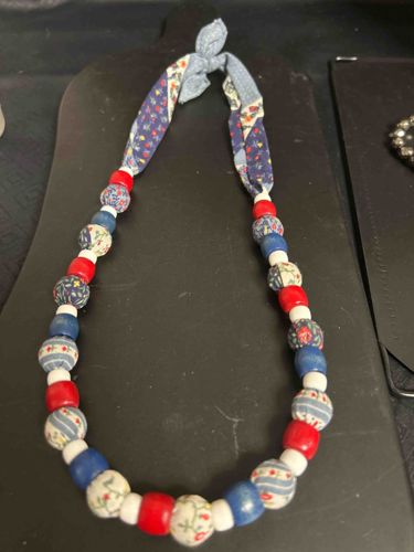 Folk Art Fabric and Wooden Bead Necklace
