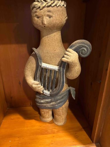 Mid-Century Modern Brutalist Stoneware Figurine of a Lyre Player