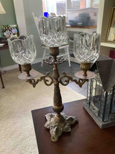 Vintage Brass Candelabra with Etched Glass Shades