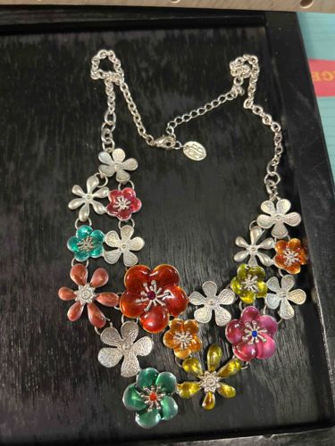 Multi-Color Enamel Flower Bib Necklace