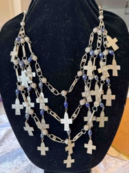 Multi-Strand Sterling Silver Cross and Lapis Lazuli Necklace