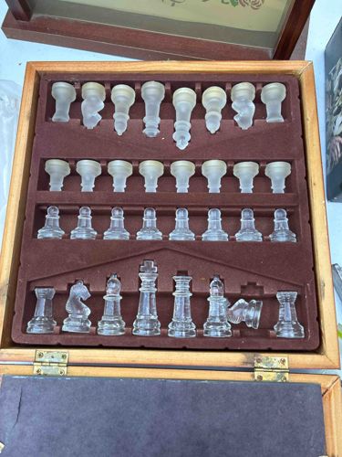Glass Chess Set in Wooden Box