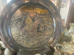 Etched and Gilded Metal Decorative Plate with Camel Rider Motif
