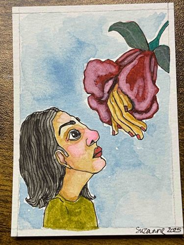 Original ACEO Watercolor Painting 'Woman with Rose' by Suzanne Dempsey