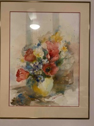 Floral Still Life Watercolor Painting in Gold Frame
