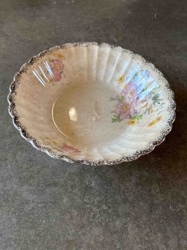 Ruffled Ceramic Lusterware Bowl with Floral Decor