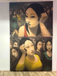 Modern Figurative Paintings of Women in Crowds (Diptych)