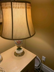 Vintage Ornate Floral Ceramic and Brass Table Lamp with Beaded Shade