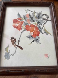 Framed Asian Inspired Floral and Bird Watercolor Painting