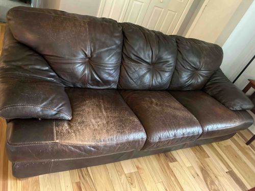 Distressed Brown Leather Three-Seat Sofa
