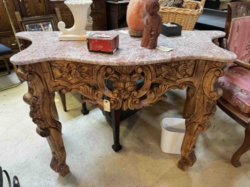 Carved Wood Console Table with Marble Top