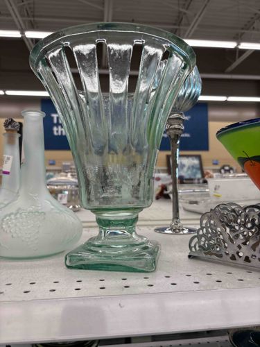 Pale Green Fluted Glass Vase/Compote with Pedestal Base
