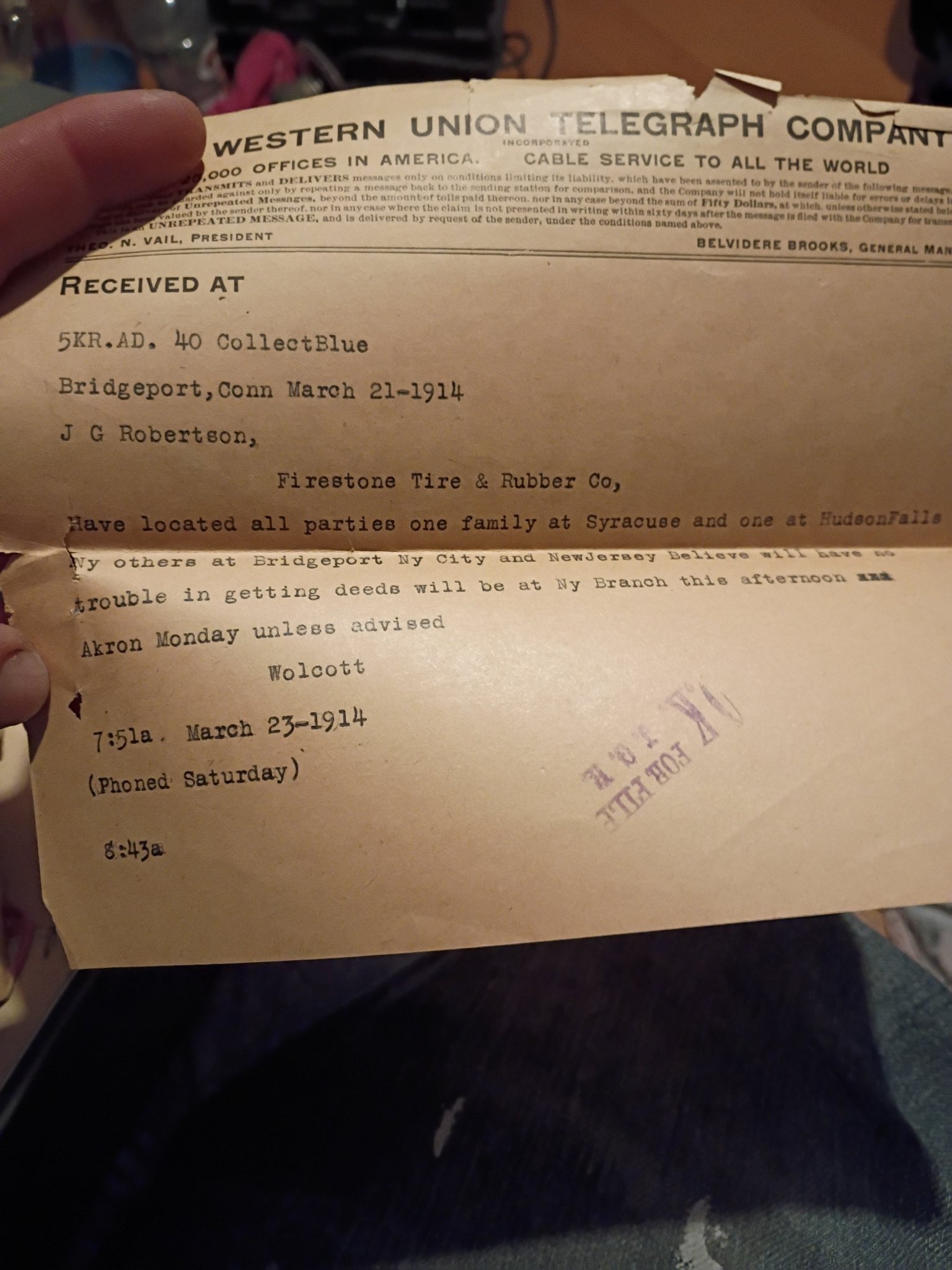 Submitted photo of Western Union Telegraph Company Telegram dated March 1914