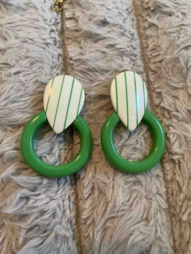 Vintage-Style Green and White Striped Dangle Hoop Earrings