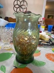 Vintage Green Ruffled Glass Vase with Ribbed Swirl Pattern