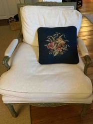 French Louis XV Style Painted Fauteuil with Embroidered Needlepoint Pillow
