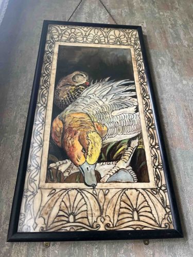 Framed Incised Bone Art Panel depicting Ducks