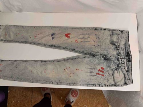 Acid Wash Denim Jeans with Custom Paint Splatter and Embroidery