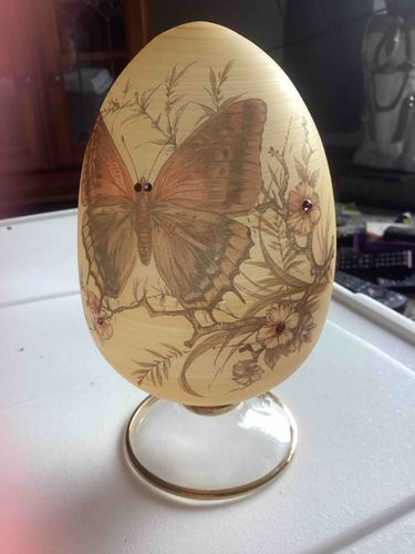 Decorated Egg Ornament with Butterfly and Floral Motif on Pedestal Stand