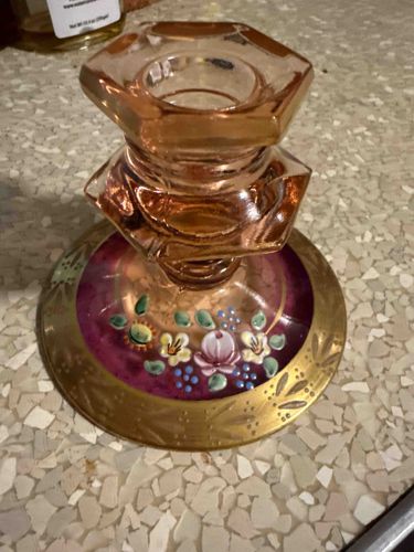 Art Deco Pink Depression Glass Candlestick with Enameled Floral and Gilt Decoration