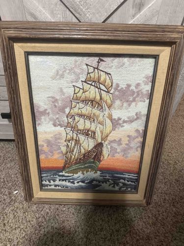 Framed Tall Ship Needlepoint Art