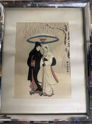 Japanese Ukiyo-e Woodblock Print of a Couple Under an Umbrella in Snow