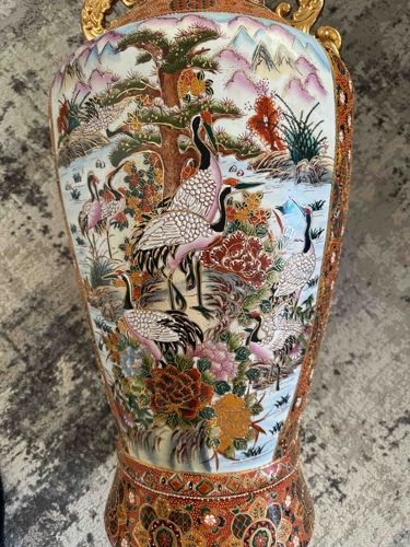 Japanese Satsuma-style Gilt-Handled Immortals and Cranes Vase