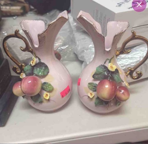 Pair of Pink Ceramic Vases with Applied Fruit Decoration