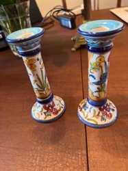 Pair of Hand-Painted Portuguese Ceramic Candlestick Holders