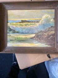 Seascape Oil Painting with Waves and Rocky Shore in Decorative Wood Frame