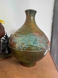 Vintage/Antique Patinated Metal Vase with Embossed Bird Motif