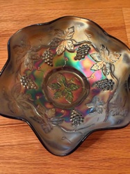 Iridescent Grape & Vine Carnival Glass Bowl