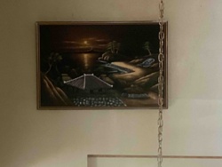 Framed East Asian Landscape Painting at Night