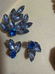 Vintage Blue Rhinestone Brooch and Clip-On Earrings Set