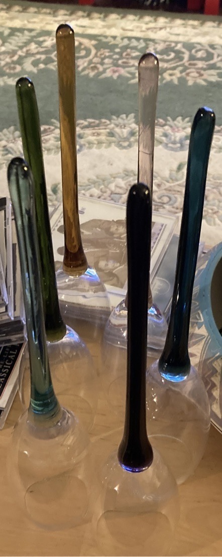 Submitted photo of Set of Six Mid-Century Style Elongated Colored-Stem Wine Glasses