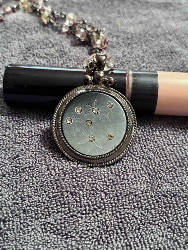 Antiqued Silver-Tone Medallion Necklace with Crystal and Beaded Chain