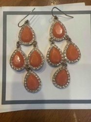 Teardrop Chandelier Dangle Earrings with Red Coral Hue and Rhinestones