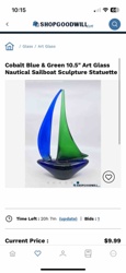 Cobalt Blue & Green 10.5" Art Glass Nautical Sailboat Sculpture Statuette
