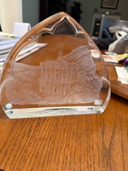 Engraved Crystal Art Piece with Architectural Scene