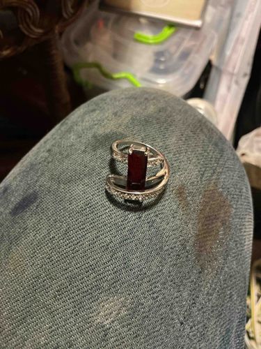 Silver-Tone Split Shank Ring with Red Baguette Stone and Pave Accents