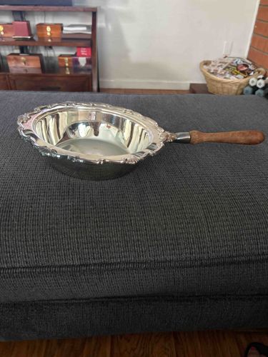 Ornate Silver-Plated Serving Dish with Wooden Handle
