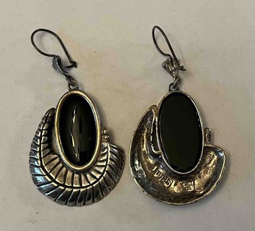 Silver and Black Stone Drop Earrings